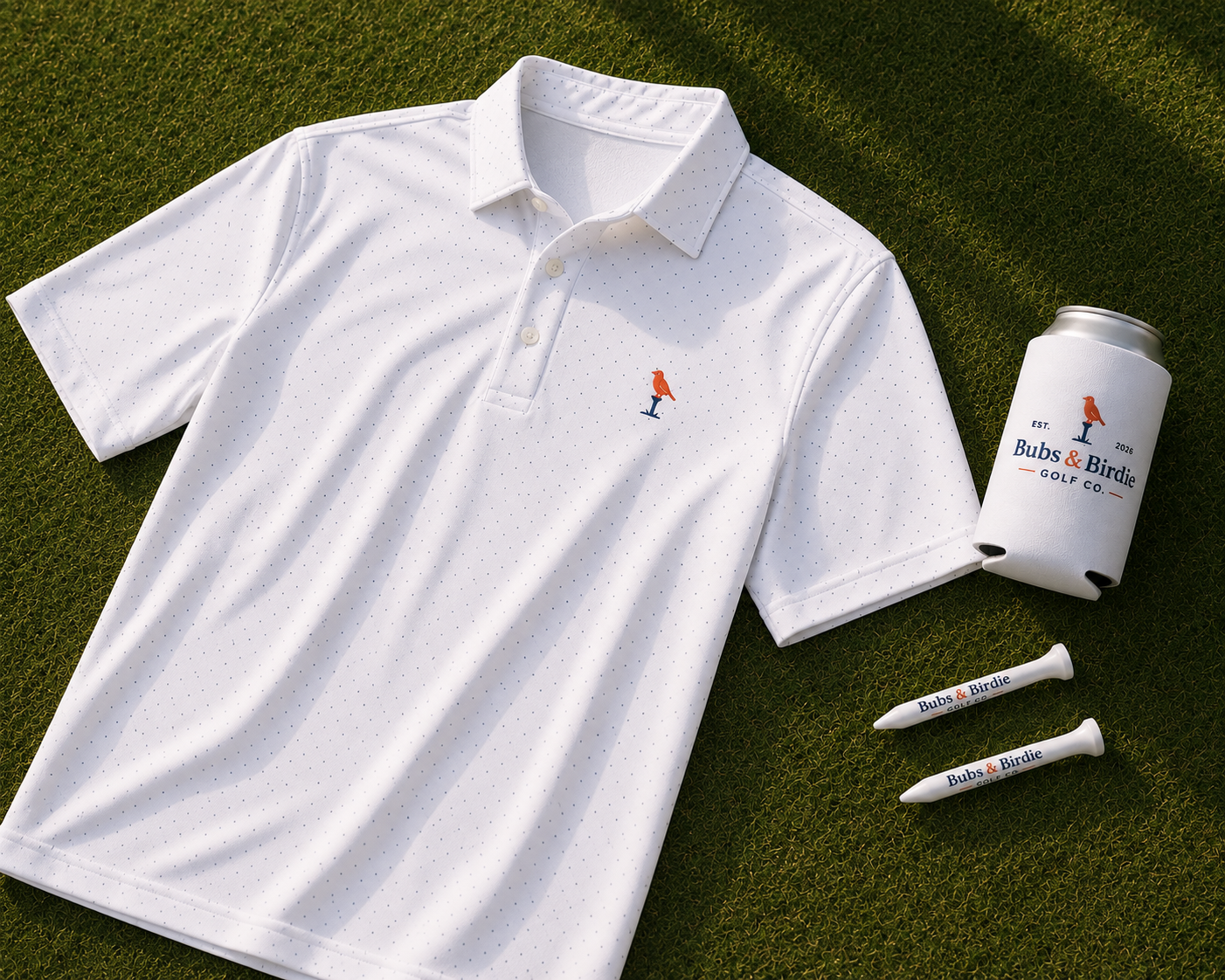 Bubs & Birdie Signature Performance Polo – White/Navy Micro-Dot