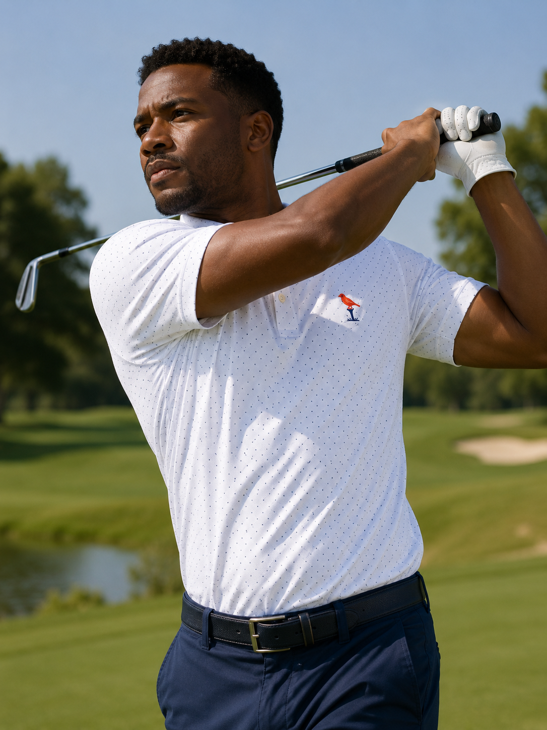 Bubs + Birdie Signature Performance Polo – White/Navy Micro-Dot