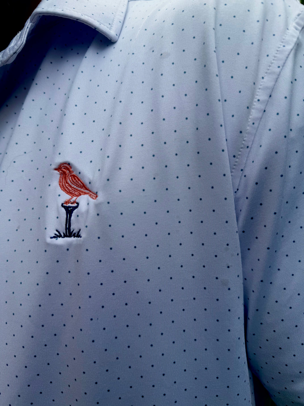 Bubs & Birdie Signature Performance Polo – White/Navy Micro-Dot