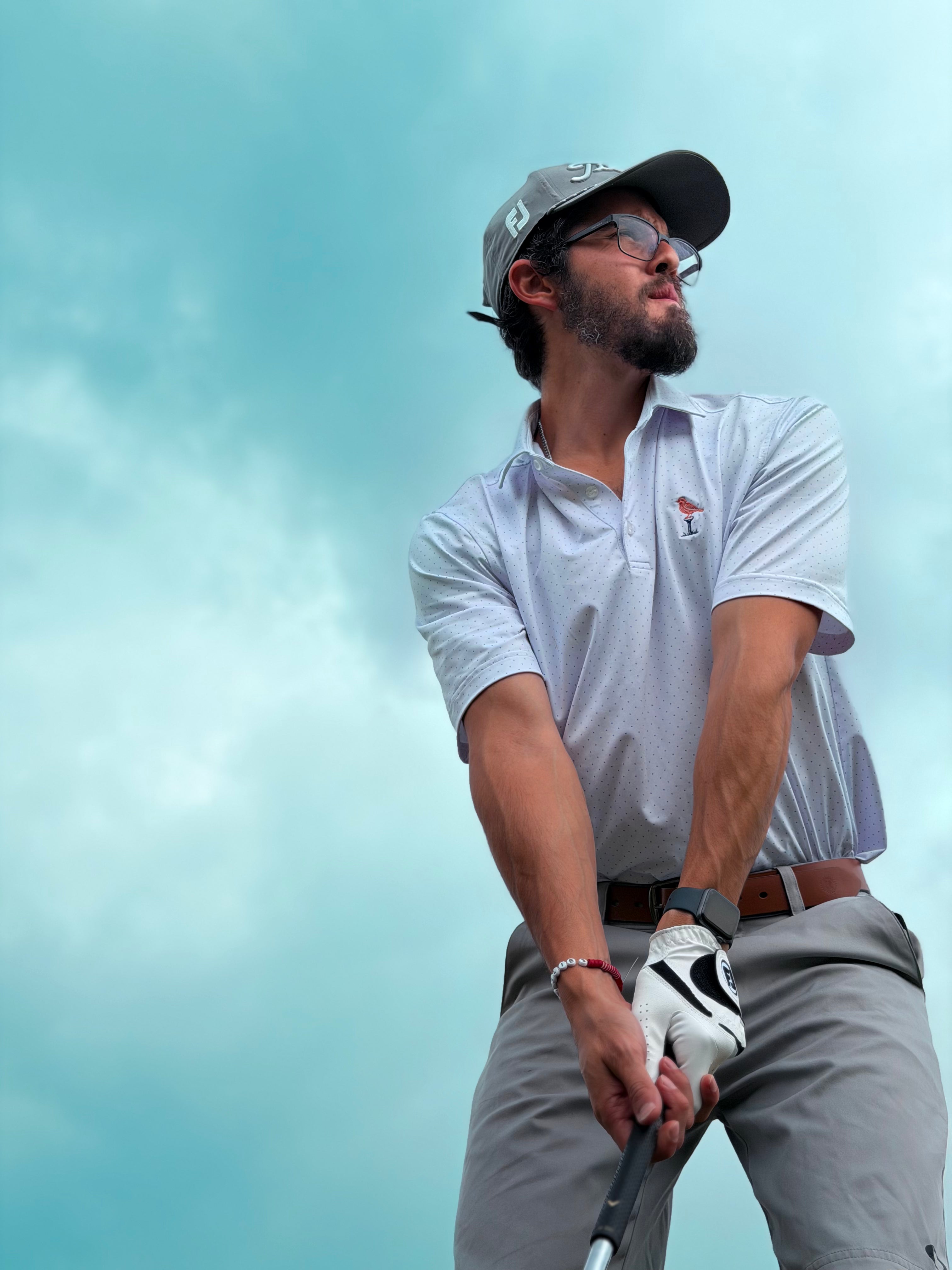 Bubs & Birdie Signature Performance Polo – White/Navy Micro-Dot