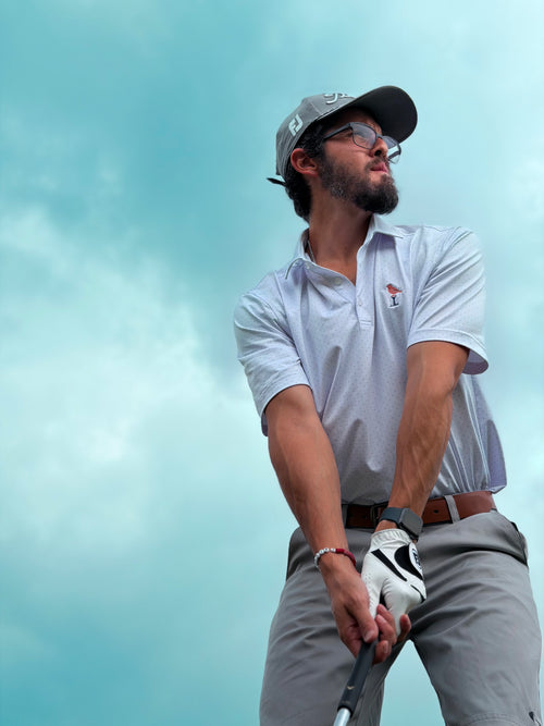 Bubs & Birdie Signature Performance Polo – White/Navy Micro-Dot