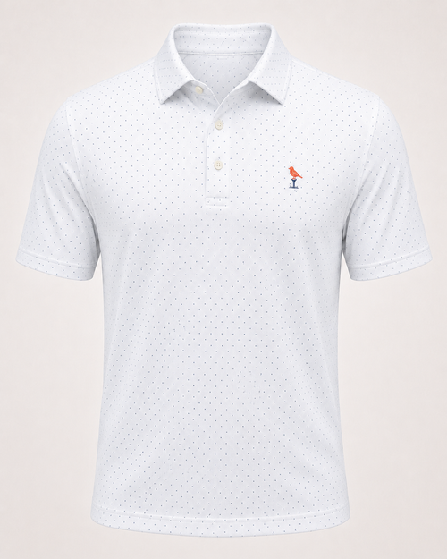 Bubs + Birdie Signature Performance Polo – White/Navy Micro-Dot